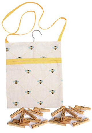 BUSY BEES Print - Yellow & White Garden Bee PRINT Quality Cotton Laundry PEG BAG with Clothes Line Hanging Hook - includes 40 quality wooden clip CLOTHES PEGS