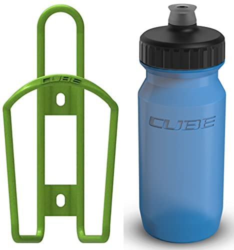 Cube HPA Cage - Matt Green & Feather Bottle - Blue, 750ml / Lightweight Bicycle Cycling Cycle Bike MTB Mountain Road Water Drink Flask Bidon Bracket Mount Holder Carrier Part HPC HPP Set Accessories