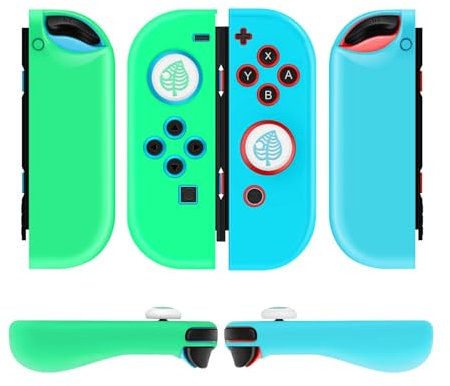 TNP Gel Guards with Thumb Grips Caps for Nintendo Switch Joy-Con Grip - Protective Case Covers Anti-Slip Lightweight Animal Crossing Design Comfort Grip Controller Skin Accessories (1 Pair White Leaf)