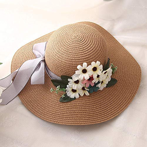 Sombreros De Paja Gorra De Mujer Sombrero De Paja con Flores De Ganchillo Sombrero para El Sol con Lazo para Mujer Sombrero De Playa con Encaje Sombrero para El Sol-Khaki_Size_ (56-58Cm)