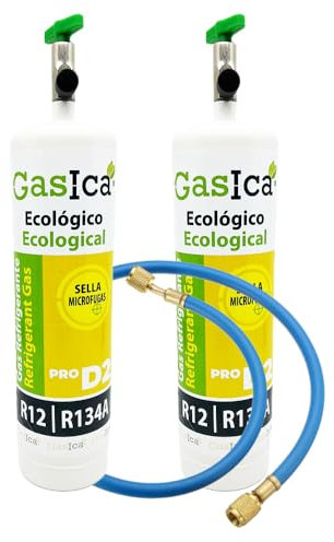 Confezione risparmio 2 confezioni di gas refrigerante organico ecologico gasico D2 400 g sostituzione R12 R134A + valvola + manichetta EQUIVALE 900GR