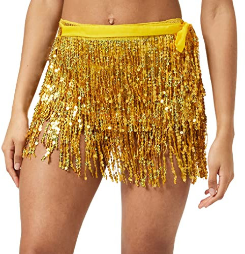 Sttiafay Bauchtanz-Hüftschal, Folter, Bauchtanz, Rock, kurz, Fransenwickel, Festival, Performance, Rave-Kostüm für Damen, Schwarz, Gold, Einheitsgröße