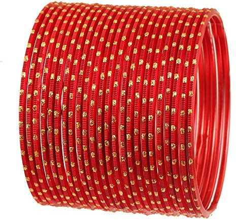 Touchstone Colorful 2 Dozen Bangle Collection Indisches Bollywood-Legierungsmetall, strukturiert, rote Farbe, Designer-Schmuck, Armreif, 24er-Set, in antikem Goldton, für Frauen