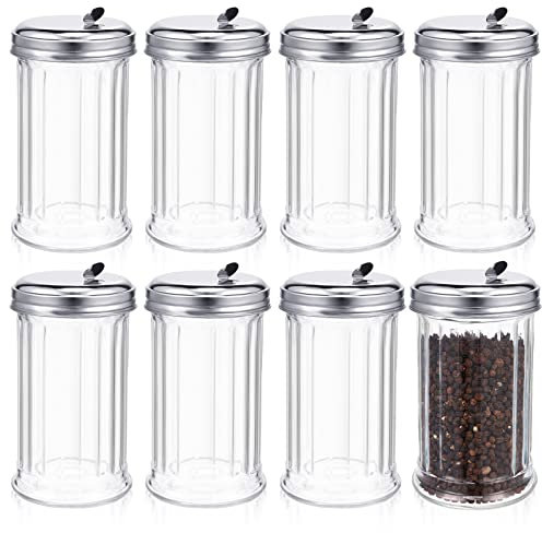Mimorou 8 Pcs Glass Sugar Shaker Pourer Dispenser 12 oz Retro Style Sugar Pour Dispenser Container Vintage Glass Jar with Stainless Steel Lid for Coffee Bar