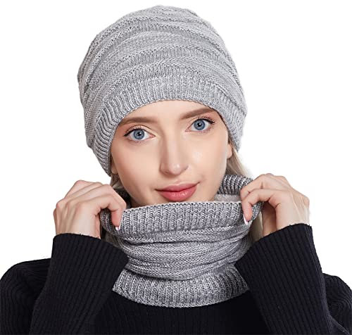 MK MATT KEELY Winter Mütze Beanie Schal Set Herren Damen Warme Strickmütze Loop Schal mit Dicke Fleecefutter,Grau Stil 2