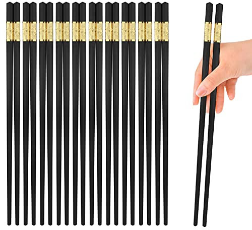 10 Pairs Quality Fiberglass Chopsticks for Sushi Noodles Asian Dishes, Reusable Chopstick Gift Set Dishwasher Safe, Japanese Chinese Non-Slip Chop Sticks Lightweight Easy to Grip, Black and Gold