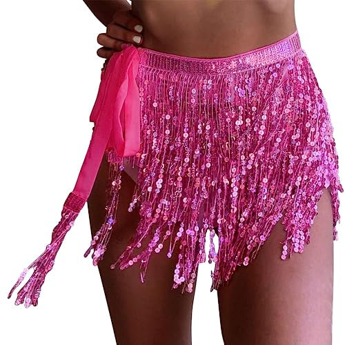 Falda Lentejuelas Mujer con Borla, Pañuelo Danza del Vientre de Color Brillante, Falda Brillo Mujer con Flecos, Falda Bohemia Mini con Pururina para Baile, Fiesta y Playa, Talla única (FUCSIA)