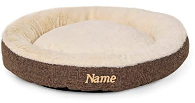 lionto Hundekörbchen rund in Donut-Form, Ø 55 cm, Heimtierkissen für Hunde & Katzen mit waschbarem Bezug & Anti-Rutsch-Noppen, kuscheliges Hundebett aus Oxford-Leinen & Plüsch, braun (Namensaufdruck)