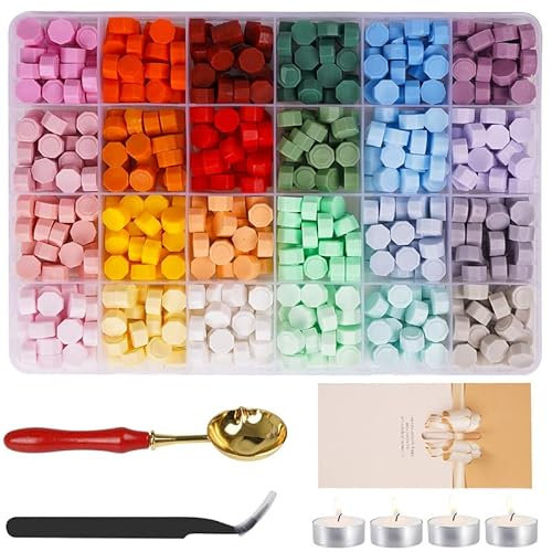 24 colores Sello Lacre Kit, 600+pcs Cera Lacre Cuentas de Cera de Sellado con Caja de almacenamiento, 4 Velas de Té y 1 Cuchara y 1 Pinzas, para Invitaciones de Boda, Sellar y Decorar Cartas-C