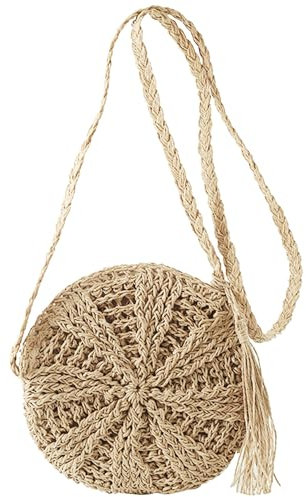 MEMOFYND 1 sac rond en paille - Sac à bandoulière bohème tressé - Sac de plage simple - Sac à main à pompons - Convient pour les voyages et les vacances (beige), beige, 21