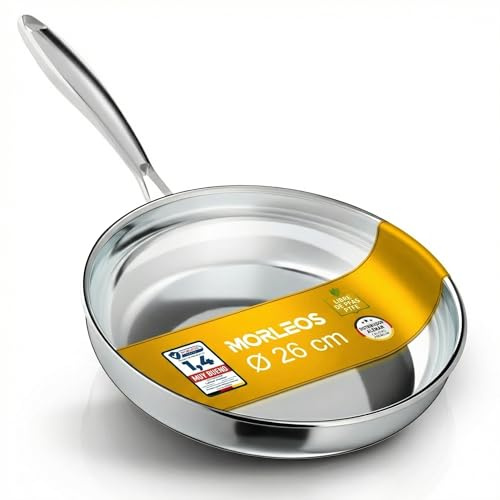 Morleos Edelstahlpfanne 26 cm Induktion unbeschichtet Bratpfanne ohne PFAS | Stainless Steel Pan mit hohem Rand, ohne Beschichtung, für alle Herdarten, backofenfeste Edelstahl Pfanne bis 400 °C