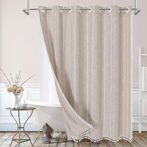 MitoVilla Pas de crochets nécessaires Rideau de douche rustique de style rustique avec doublure à clipser en coton et lin avec pompons pour décoration de salle de bain rustique et neutre, 183 x 188 cm