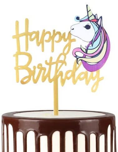mciskin Happy Birthday Einhorn Cake Topper, Acryl Kuchen Cupcake Toppers für Geburtstag Kuchen Dekorationen, Gold Obst Kuchen Topper für Mädchen Jungen Babys Geburtstag Party Gold Thema Kuchen