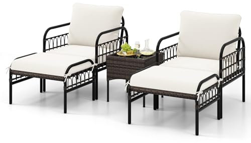 LIFEZEAL 5-teiliges Gartenmöbel-Set, Rattanstühle mit Ottomanen, Rattansessel Set aus Gartentisch und 2 Gartensessel, Sitzgruppe mit Kissen für Terrasse, Garten, Terrasse