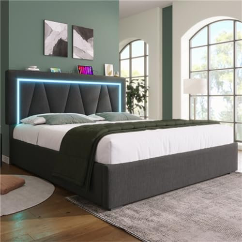 Cama Tapizada Con Función De Carga USB Tipo C E Iluminación LED Cama Doble King Size Canapé Camas Abatibles Estructura De Cama De Material De Lino Cama Juvenil Cama De Invitados Gris 160x200 Cm