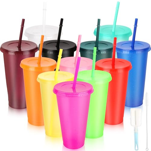 Lemicin 12pcs Drinking Cup Tumbler Cups with Straw and Lid, 24oz Plastic Tumblers Reusable Cold Cups Colourful Glitter Travel Mugs for Cold Drinks Iced Coffee Smoothie for Parties
