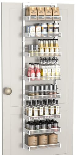 TOPWE Over Door Spice Rack, 8 Tier Metal Hanging Pantry Storage, Adjustable Shelves With Hook for Kitchen Bathroom, White