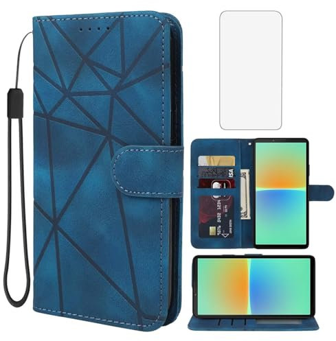 Wanyuexes Hülle für Xperia 10 IV 5G Case, Sony 10 IV XQ-CC54 Schutzhülle mit Schutzfolie, PU Leder Wallet Flip 3 Karten Halter Standfunktion Handyhülle für Sony Xperia 10 IV Blau