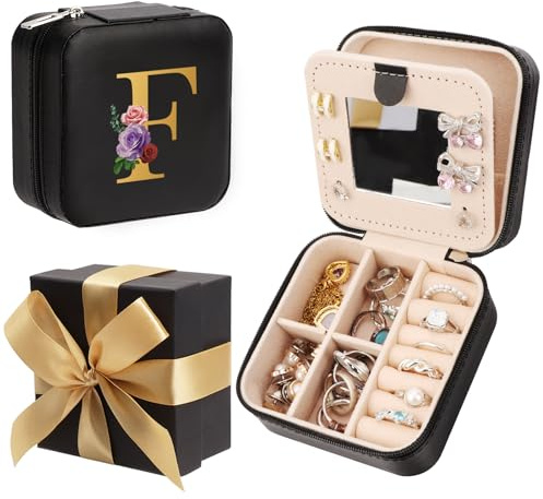 WALLFID Bow-Tied Geschenkbox,Schwarzes Schmuckkästchen,für Personalisierte Geschenke,Schmuckkästchen Mädchen,Schmuckkästchen Reise - mit Spiegel für Uhren,Lippenstifte,Ohrringe,Halsketten (F)