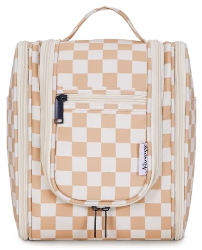 Narwey Klein Kariert Kulturbeutel Damen & Kulturbeutel Herren - Kinder Kulturtasche Zum Aufhängen & Männer Kosmetiktasche - Waschtasche für Frauen & Mädchen (Kariert Braun (Klein))