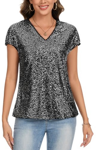 MINTLIMIT Women's Sparkle Sequin Tops Shimmer Glitter V Neck Party Top Short Cap Sleeve (Black(Silver Glitter) L)