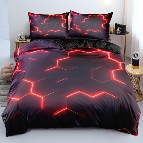 Luowei 3D Bettwäsche 220x240 Teens Neon Rot Science Fiction Waben Geometrie Bettwäsche Set Moderne Mode Hexagon Videospiele Bettbezug für Jungen und Mädchen mit Kissenbezüge 80x80cm