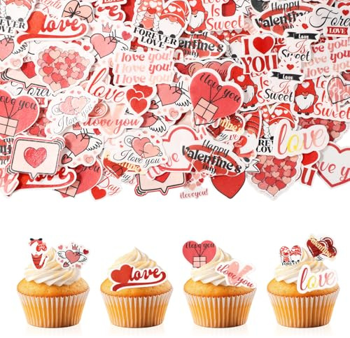 280pcs Edible Valentines Day Cupcake Toppers, Sticky Rice Paper Valentines Day Cake Decorations Edible Heart Cake Topper Gnome Cake Topper for Wedding Engagement Party Suppliers(40 Styles)