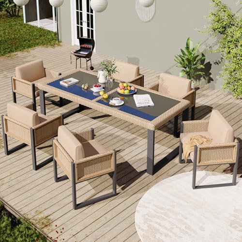 Merax Gartenmöbel Set 6-Personen, Outdoor Balkonmöbel mit Esstisch, Polyrattan-Terrassenmöbel mit Abnehmbar und Waschbar Kissen für Garten, Terrasse, Balkon, Braun