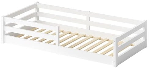 Bellabino Iskri Bodenbett 90x200 cm – Montessori Kinderbett mit Matratze, Rausfallschutz & Lattenrost – Holzbett für Jungen & Mädchen aus Kiefer Massivholz in Weiß – Kleinkindbett