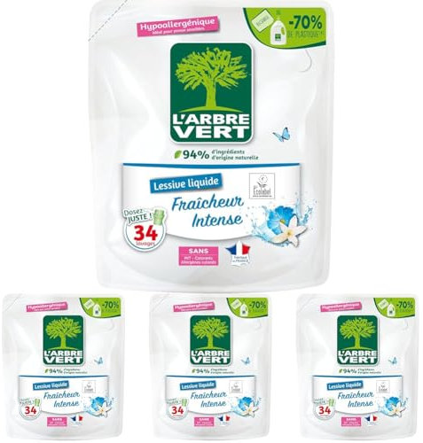 L'Arbre Vert Recharge Lessive Ecolabel Fraîcheur intense - Hypoallergénique - 34 Lavages - 94% d'ingrédients d'origine naturelle - 1,53L (Lot de 4)