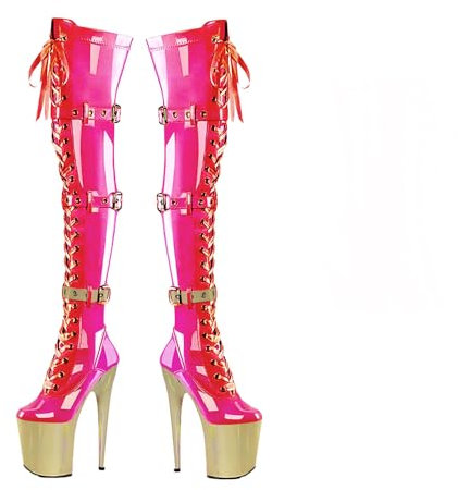 denova's Stivali da donna in vernice con tacco molto alto, plateau, Poledance, sopra il ginocchio, stivali alti alla coscia con chiusura lampo, fucsia oro, 36 EU