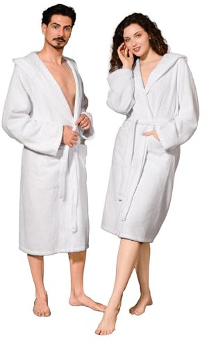 nice homeit Peignoir unisexe pour femme/homme avec capuche - en éponge de coton 100% OEKO-TEX - doux, absorbant, - Design italien, Blanc, S