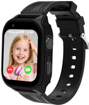 Montre Connectée Enfant 4G, Montre Intelligente GPS pour Fille Garçon avec WiFi Appel Vidéo Chat Familial SOS Caméra Étanche Mode Classe, Smartwatch Téléphone Enfants Cadeau pour 4-12 Ans (Noir)
