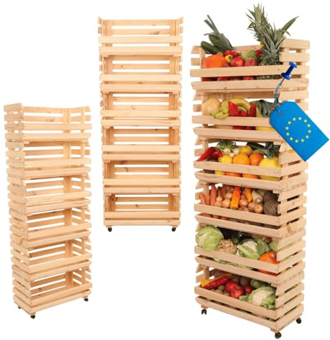MODO24 Modular Holzregal für Gemüse & Obst auf Rollen, Stapelbares Regalsystem aus Kiefernholz, 6 Holzkisten, Kartoffelsteige, Küchenregal, Vorratsregal, Gemüseregal, Abm. 157x57x30 cm, Fargbe: Natur