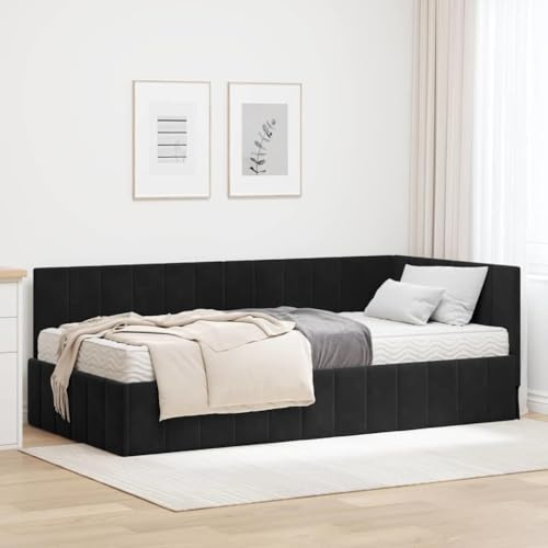 Amorsee Boxspringbett 90 x 200 cm mit Matratze, Einzelbett mit Matratze, Polsterbett, Sofabett, Tagesbett, Universelle Bettseite, Bett, Schlafzimmer, Kinderzimmer, Schwarz