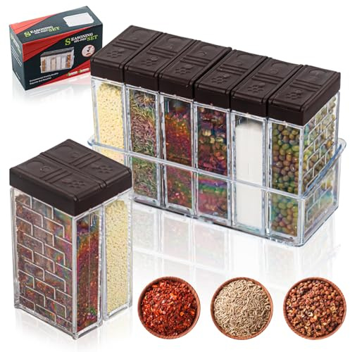 JWTRSVTY 6er Set Gewürzgläser, Gewürzgläser Eckig Set, Transparente Gewürzdose mit Tablett, Salz Und Pfefferstreuer Gewürzbox, 6 In 1 Camping Gewürzstreuer, Für Gewürze Aufbewahren Salz Pfeffer Zucker