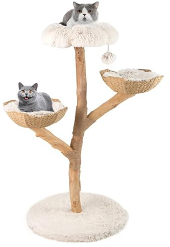 GOPLUS Arbre a Chat 122 CM en Bois Massif avec Perchoir en Forme Fleur, 2 Paniers Rotin, Balle Suspendue et Base Large, Arbre à Chat avec Griffoir Jute et Coussin Peluche Amovible & Lavable