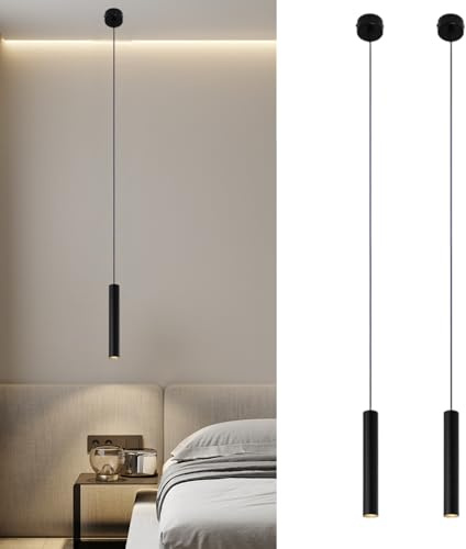 BAIFULAI 2 Stück Pendelleuchte GU10 Zylinder: 20×3 cm Pendelleuchte Modern Zylinder aus Aluminium, Höhenverstellbar Pendellampe GU10 für Küche Wohnzimmer, Warmweiß 3000K(Nicht Batteriebetrieben)