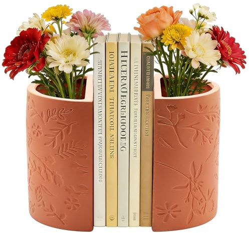 Decorative Bookends, Terracotta Flower Pot Book Ends for Shelves | Kitchen Bookends Novelty Plant Pot Holder, Office Book Shelf Accessories with Funny Indoor Plants Pot