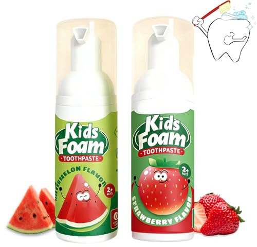 2Pcs Mousse Foam Toothpaste,Kids Fruit Flavour Toothpaste for Strong Teeth,Fresh Breath,Children Whitening Foam Toothpaste for U Shaped & Electric Toothbrush Oral Care(Watermelon+Strawberry)
