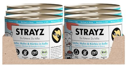 STRAYZ Bio Katzenfutter in Soße – Lachs, Huhn & Kürbis | 6x200g Dose | Echtes Bio-Fleisch von kleinen Höfen, getreidefrei, ohne Zucker & Bindemittel.