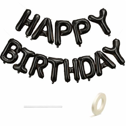 Happy Birthday Buchstaben-Ballons Set 16 Zoll (40 cm) – Mylar-Luftballons aus Aluminium schwarz – Girlande Geburtstag 3 bis 5 m – Bänder & Strohhalme inklusive – Dekoration für Kinder & Erwachsene