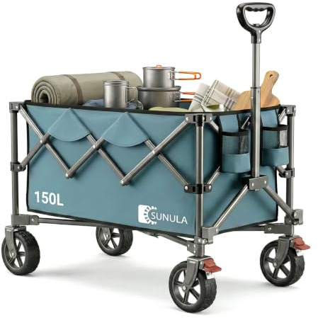 SUNULA Bollerwagen Faltbar 150L 120KG, Handwagen Geländegängig mit Bremsen | Klappbarer Handwagen mit Ein-Klick-Handgriff & 4-seitig zusammenfaltbar, ideal für Einkauf, Camping, Garten, Blau