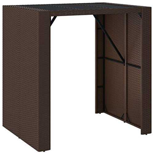 HETFTJN Rattan Bartisch Braun 105x80x110 cm mit Glasplatte, witterungsbeständiger Terrassentisch aus Polyrattan & Stahl, moderner Outdoor Stehtisch für Garten, Terrasse und Balkon