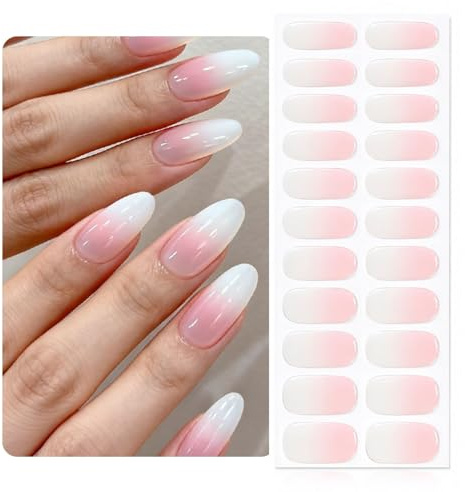 Nail Wraps No Uv Light - 22 Pre-Cured Gel Nail Stickers - White Pink Gradient Nail Stickers Full Nail Wraps, Glossy Finish, Chip-Resistant, Easy Application and Removal