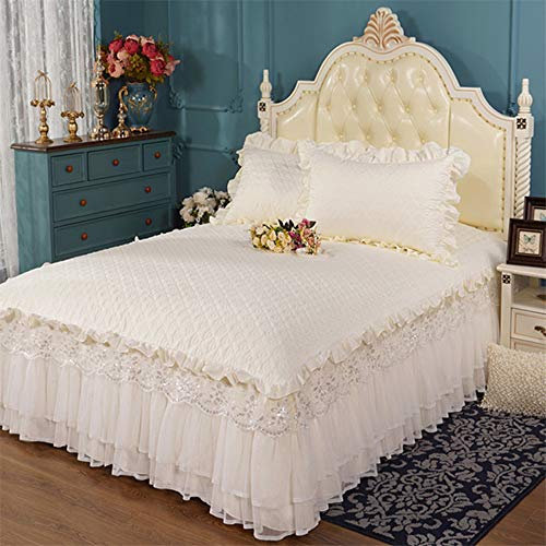 Bettrock Tagesdecke Bettvolant Ruffle Bettüberwurf Spitze Rüschen Bett Rock 3PCS Sets Bettwäsche Prinzessinnen,White-150x200cm(59x79inch)