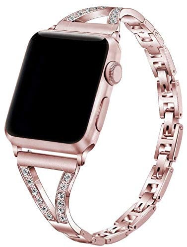 Compatible with Apple Watch Band 38mm 40mm Glitter Rose Pink, Women Ladies Rhinestone Stainless Steel Link Adjustable Metal Buckle Sport Loop Compatible with iWatch Strap Series 5/4/3/2/1 Bracelet