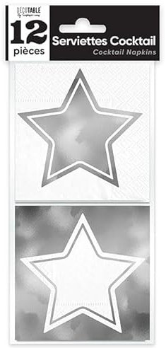 Mini-Cocktailservietten, Stern, silberfarben, metallic, 10 cm x 10 cm (x 12 Stück)