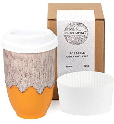 NOVA CERAMICS Travel Mug - Travel Coffee Tumbler – Coffee Mug with Lid Unique to Go Mug – Microwave & Dishwasher Safe Coffee Travel Cup - Gifts for Women Men Him Her – 12oz - Grapefruit