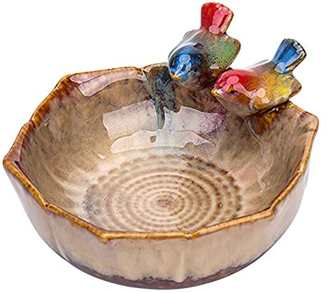monshop Vogeltränke Garten Mit 2 Bunte Vögel, Vogeltränke Winterfest Stein Keramik, Vogeltränke Frostsicher Stehend Garten Deko, Vogel Badewanne Vogelfutterschale Garten Landschaftsbau